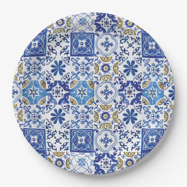 Assiettes En Carton Carreaux de mosaïque méditerranéenne Blue Annivers (Devant)