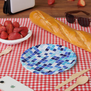 Assiettes En Carton Carreaux de Piscine, Carreaux de Mosaïque Bleus, M