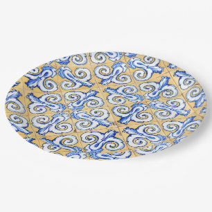 Assiettes En Carton Carreaux espagnols - Azulejo Bleu, Jaune et Blanc