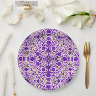 Assiettes En Carton Carreaux floraux en violet et coton bonbon rose