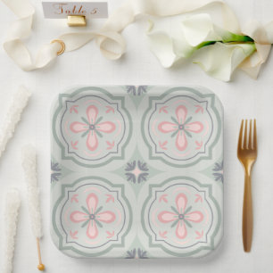 Assiettes En Carton Carreaux Floraux Pastel Vert