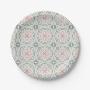 Assiettes En Carton Carreaux Floraux Pastel Verts