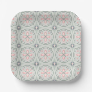Assiettes En Carton Carreaux Floraux Pastel Verts