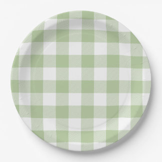 Assiettes En Carton Carreaux Gingham de Sauge et de Buffle Blanc