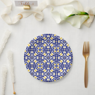 Assiettes En Carton Carreaux méditerranéens Motif bleu et jaune