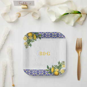 Assiettes En Carton Carrelage bleu blanc jaune méditerranéen Mariage c