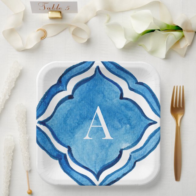 Assiettes En Carton Carrelage Bleu Cobalt Méditerranéen Monogramme II (Mariage)