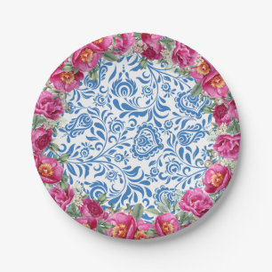 Assiettes En Carton Carrelage bleu Fleur rose Parti méditerranéen