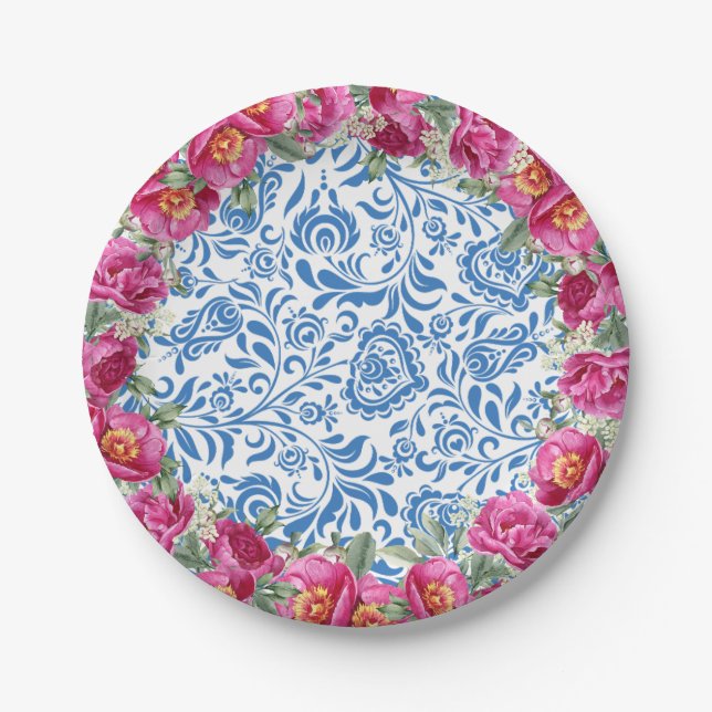Assiettes En Carton Carrelage bleu Fleur rose Parti méditerranéen (Devant)