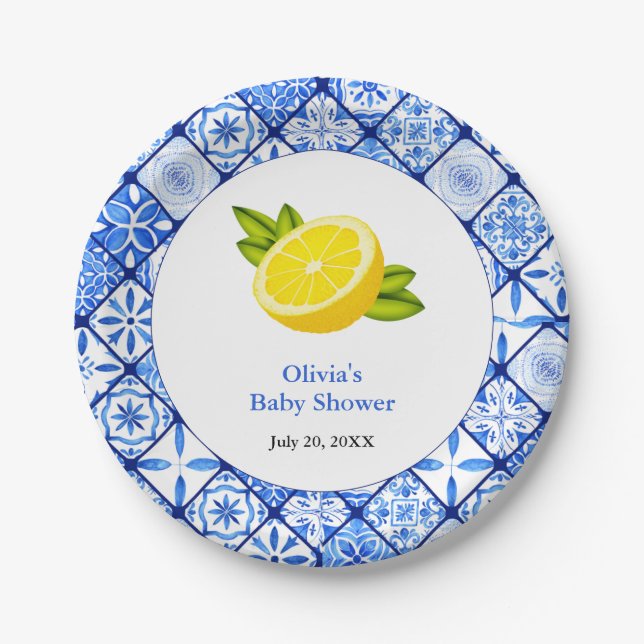 Assiettes En Carton Carrelage bleu italien Baby shower de citron médit (Devant)