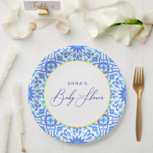 Assiettes En Carton Carrelage bleu italien Ligne jaune Baby shower Scr