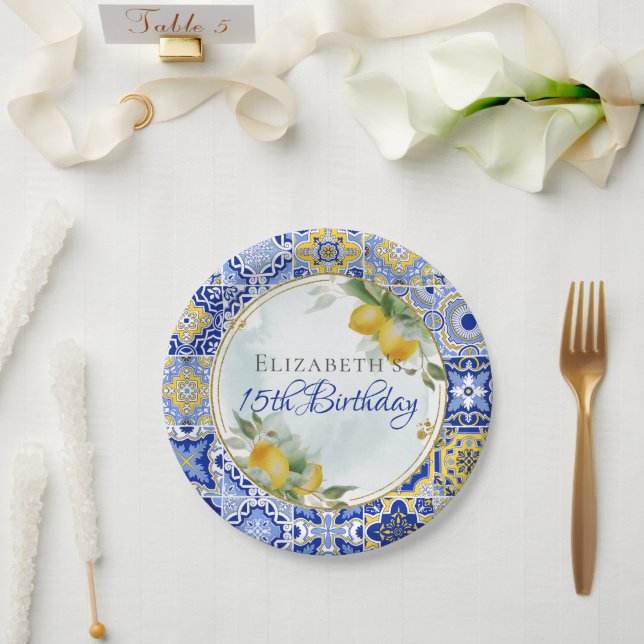 Assiettes En Carton Carrelage bleu jaune italien Citrons Citrus Gold F (Mariage)