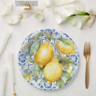 Assiettes En Carton Carrelage et citrons d'aquarelle italien bleu et b