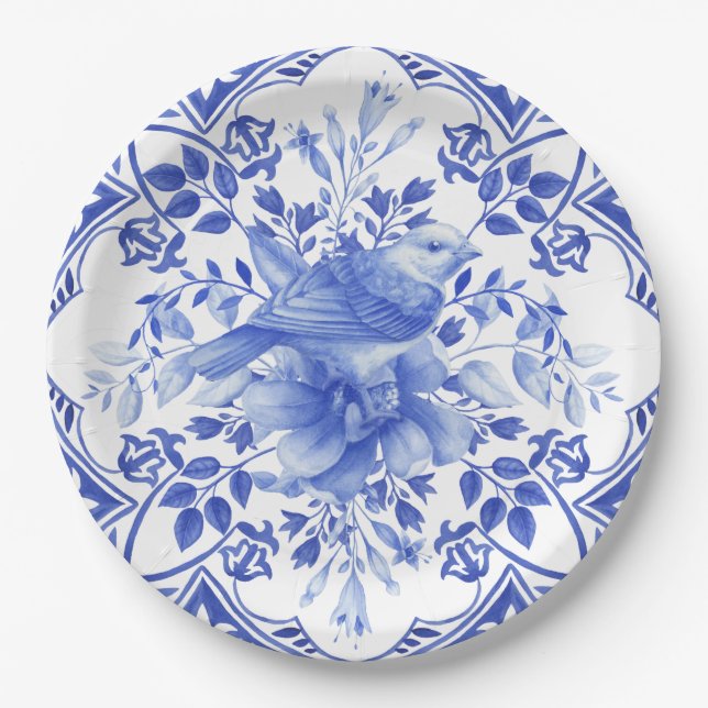 Assiettes En Carton Carrelage floral bleu et blanc avec oiseau (Devant)