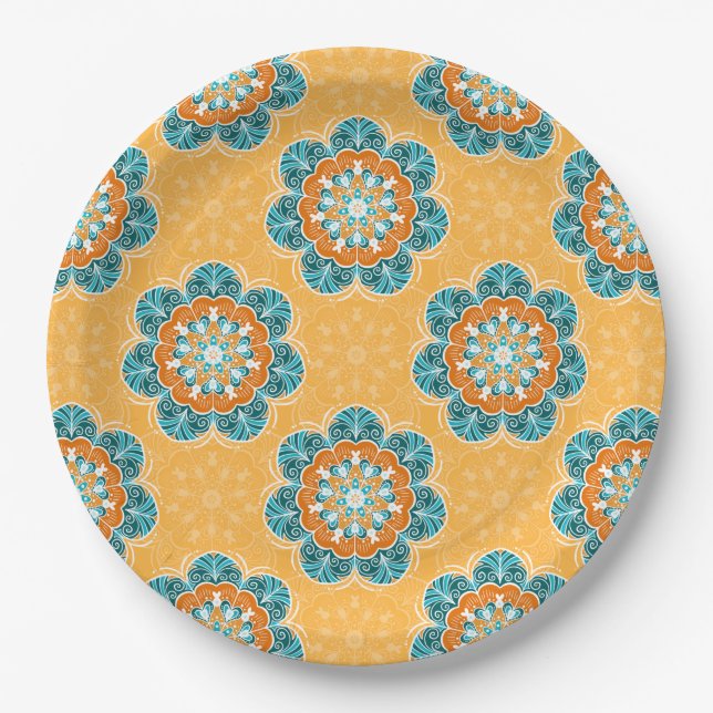 Assiettes En Carton Carrelage Mandala floral en Orange et Turquoise (Devant)