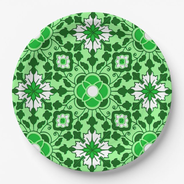 Assiettes En Carton Carrelage marocain floral, émeraude et vert citron (Devant)
