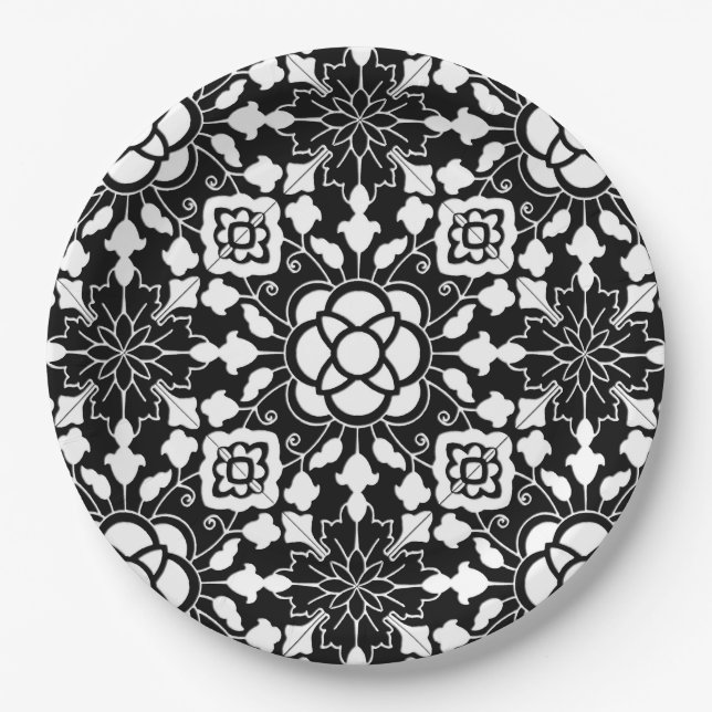 Assiettes En Carton Carrelage marocain floral, noir et blanc (Devant)