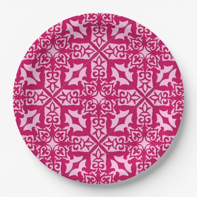 Assiettes En Carton Carrelage marocain Motif, Fuchsia et Pastel Pink (Devant)