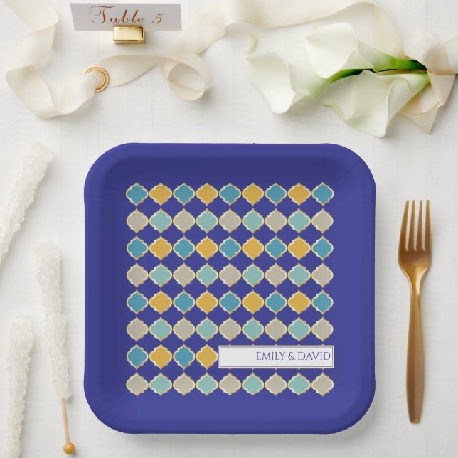 Assiettes En Carton Carrelage marocain Royal Blue Golden Mariage arabe (Mariage)