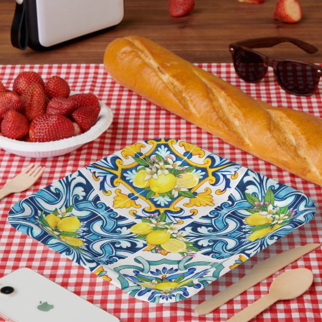 Assiettes En Carton Carrelage méditerranéen clair Sicilien Citrus Lemo (Pique-nique)