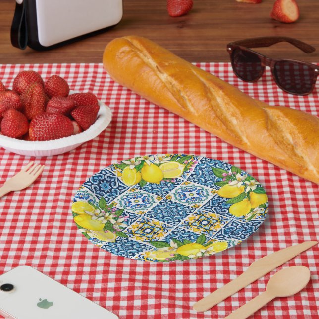 Assiettes En Carton Carrelage méditerranéen clair Sicilien Citrus Lemo (Pique-nique)