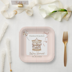 Assiettes En Carton Carrousel à Cheval Aquarelle Vintage Beige Baby Sh