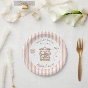 Assiettes En Carton Carrousel à Cheval Aquarelle Vintage Beige Baby Sh