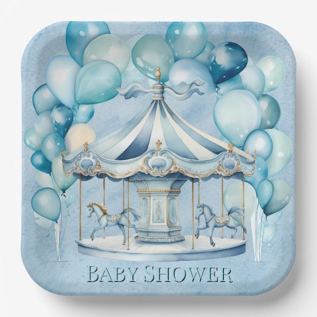 Assiettes En Carton Carrousel Bleu avec Ballons Arc Baby shower garçon (Recto)