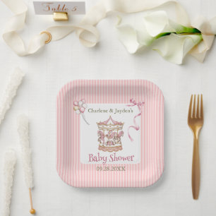 Assiettes En Carton Carrousel de chevaux à l'aquarelle rose vintage po