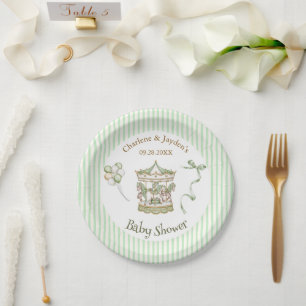 Assiettes En Carton Carrousel de chevaux vintage vert Baby Shower