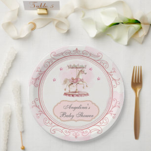 Assiettes En Carton Carrousel Vintage rose - Baby shower Grande plaque