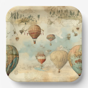 Assiettes En Carton Carte antique en sepia de montgolfière