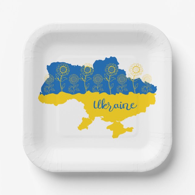 Assiettes En Carton Carte de l'Ukraine avec tournesol et drapeau ukrai (Recto)