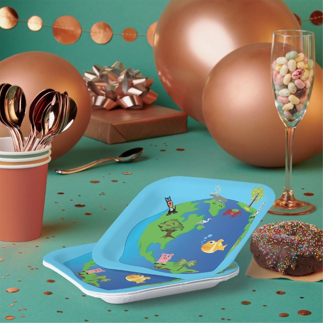 Assiettes En Carton Carte du monde animal Mignonne illustration de la  (Créateur téléchargé)