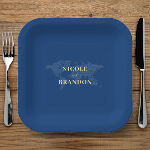 Assiettes En Carton Carte du monde bleu Destination Mariage