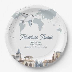 Assiettes En Carton Carte du monde de l'aventure de voyage Fête bébé a