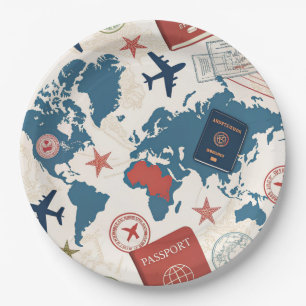 Assiettes En Carton Carte du monde motif de voyage