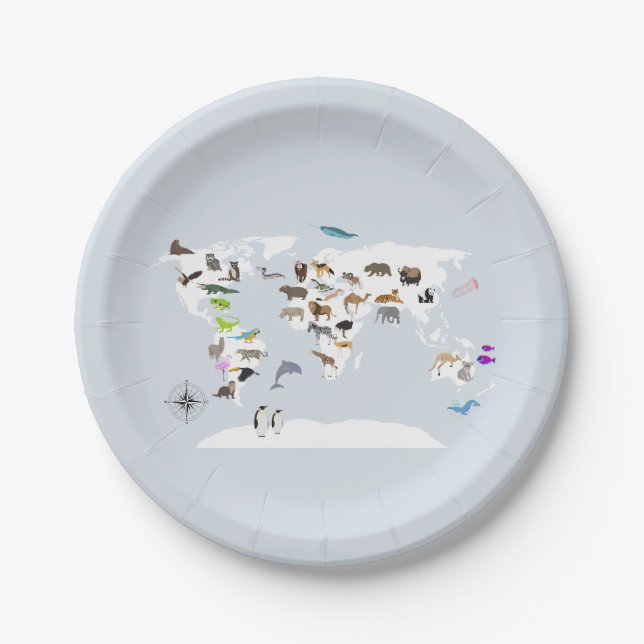 Assiettes En Carton Carte du monde pour enfants Animaux (Devant)