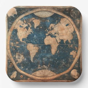 Assiettes En Carton Carte du monde vintage bleu et or double hémisphèr