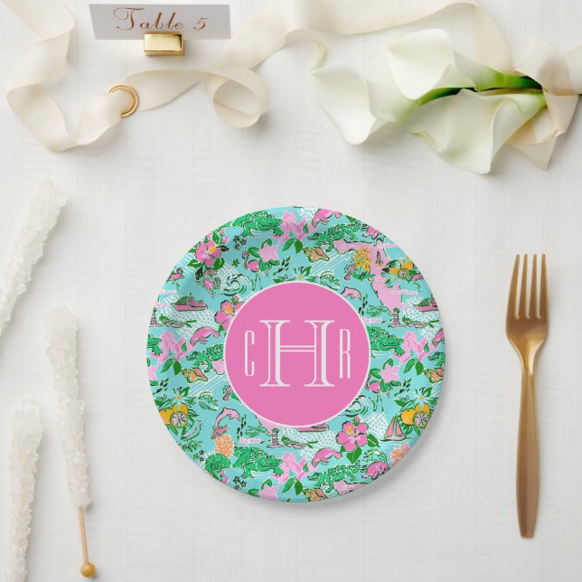 Assiettes En Carton Carte Floride Preppy Palm Beach Motif Monogrammé (Mariage)