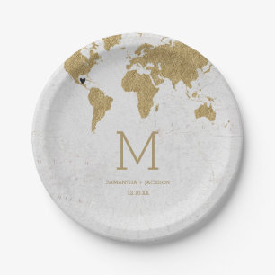 Assiettes En Carton Carte Gold Foil World Destination Mariage Monogram