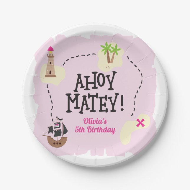 Assiettes En Carton Carte Pirate Anniversaire rose (Devant)
