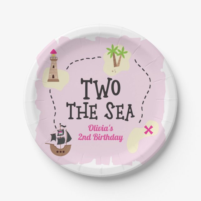 Assiettes En Carton Carte Pirate Deux mer Rose Anniversaire (Devant)