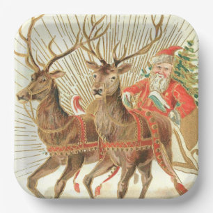 Assiettes En Carton Carte postale de Noël vintage, Père Noël avec renn