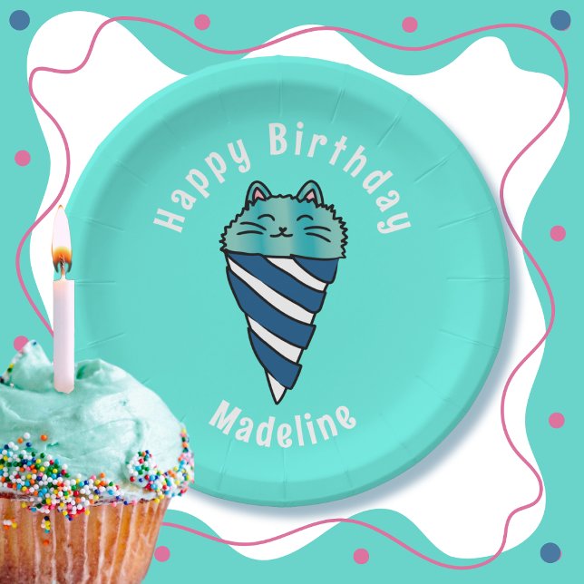 Assiettes En Carton Cartoon Cute Cat Bleu Glace Cone Anniversaire (Créateur téléchargé)