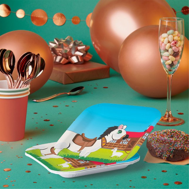 Assiettes En Carton Cartoon Farm Scène avec Cheval Chat et Chèvre (Créateur téléchargé)