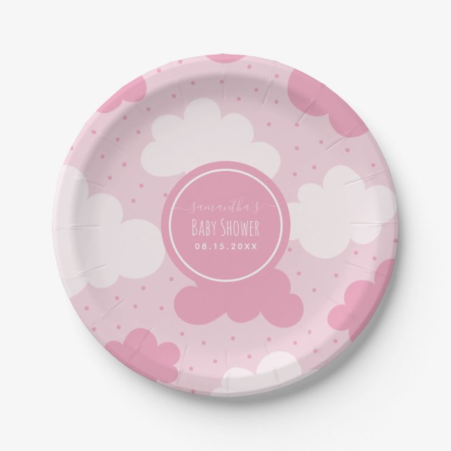 Assiettes En Carton Cartoon rose et blanc Nuages Fille Baby shower mig (Devant)