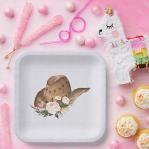 Assiettes En Carton Casquette Brown Cowgirl avec fleurs roses