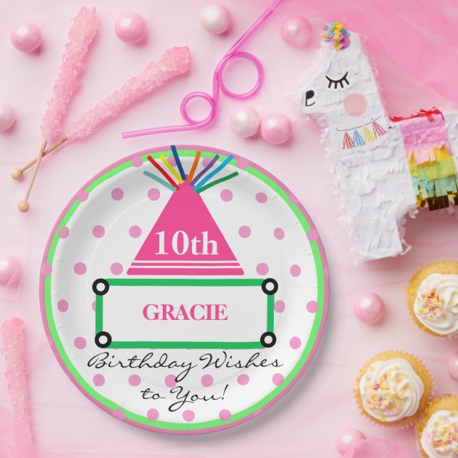 Assiettes En Carton Casquette de fête de fille rose verte Nom des Pois (Fête)