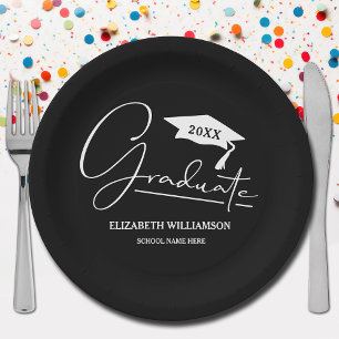 Assiettes En Carton Casquette de graduation de script blanc noir